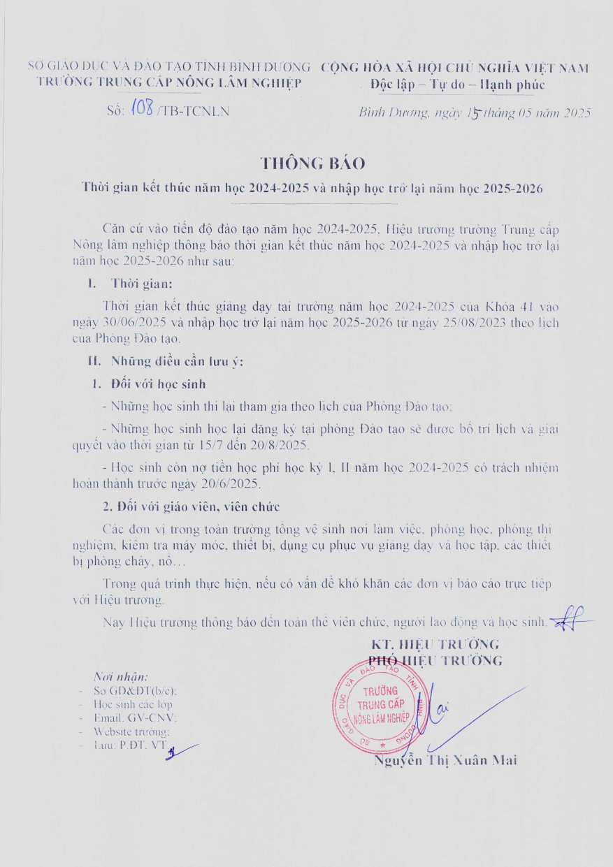 Thông báo thời gian kết thúc năm học 2024-2025, nhập học năm học 2025-2026